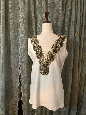 Women’s Cream Tank Top with Leopard-Print Trim and Lace up Front